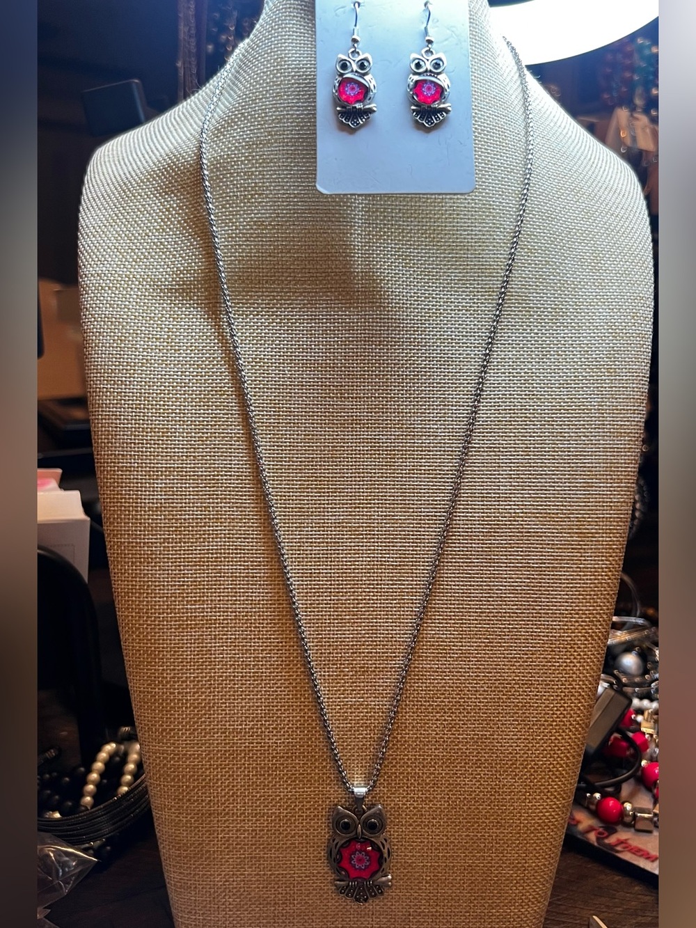 Silver Owl Pendant Necklace with Red Mandala Accent with matching earrings
